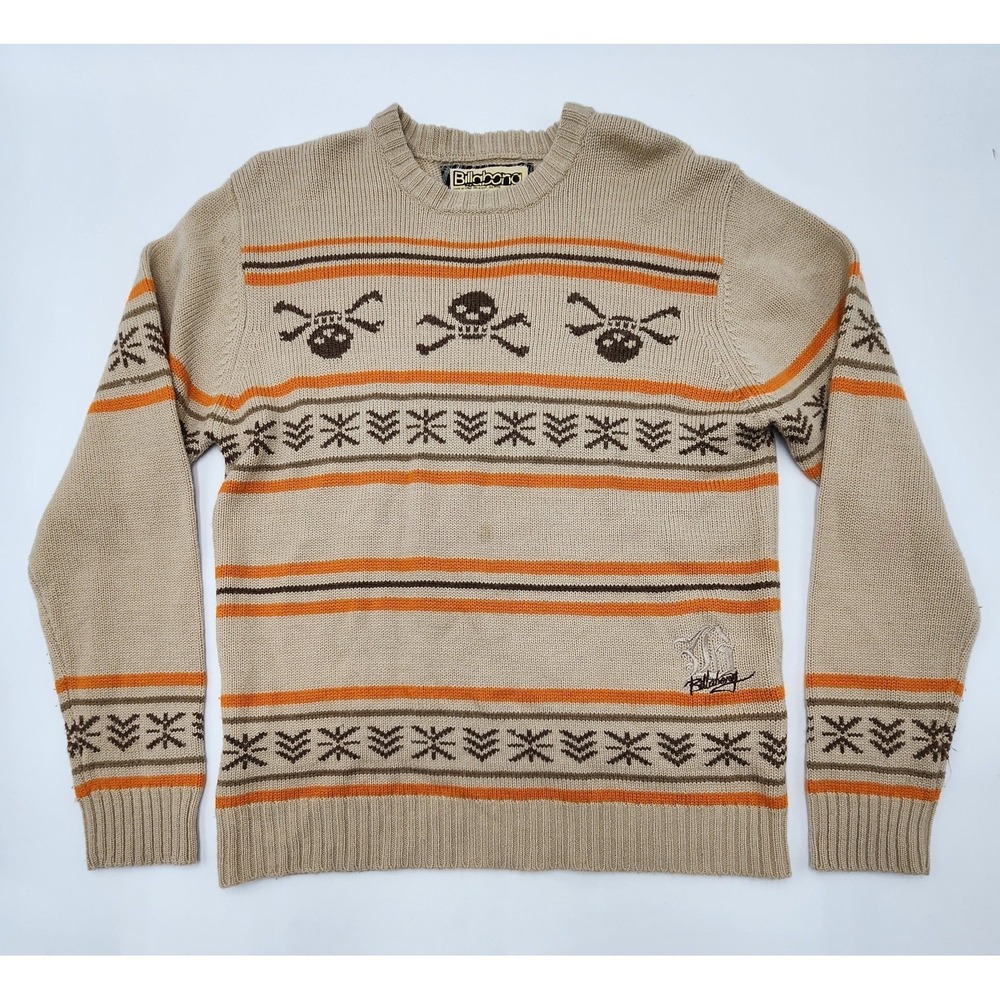 Vintage‎ Billabong Skull Tribal Sweater Wool Blend  Y2K Size M Beige *Flaws